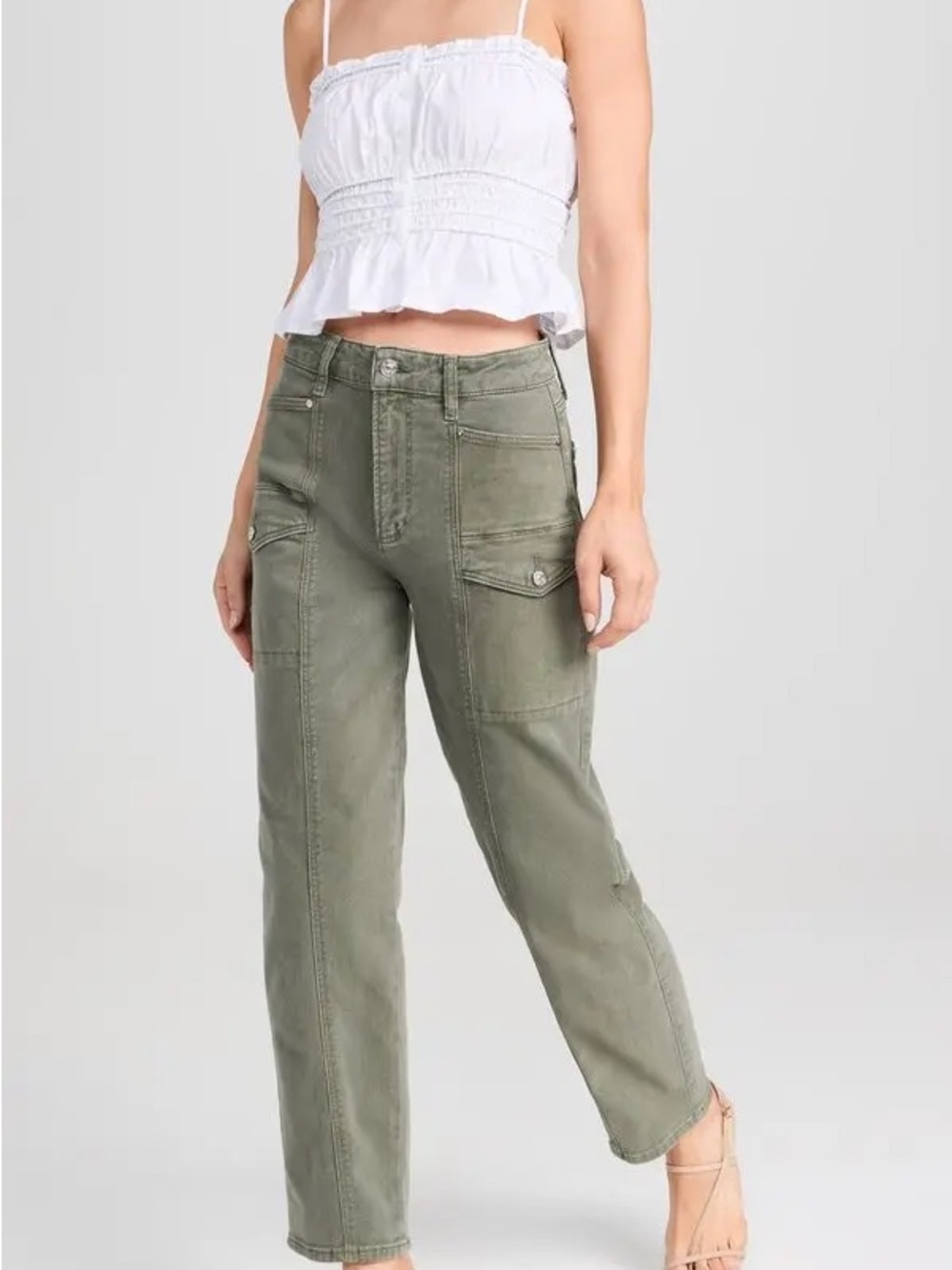 Paige Alexis Cargo Straight Leg Barrel Jeans in Olive Green